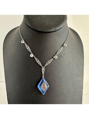 Art Deco Blue Paste Pendant Necklace Filigree Chain Clear Rhinestones 1920s